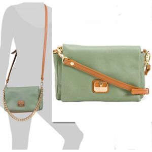 NWT VALENTINA Green Dual Flap Italian Leather W/ Chain Strap Crossbody Dual Bag